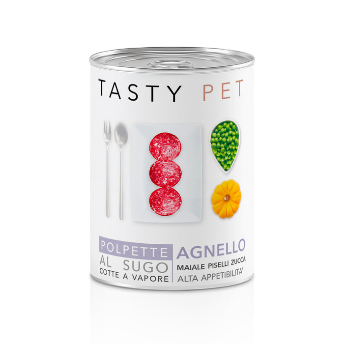 Tasty Pet Confezione di Alimento Completo Umido per Cani - 2603 Polpette al Sugo Agnello con piselli e zucca