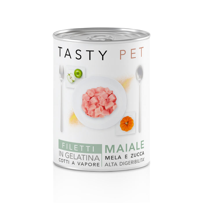 Tasty Pet Confezione di Alimento Completo Umido per Cani - 2202 Filetti in Gelatina di Maiale Mela e Zucca