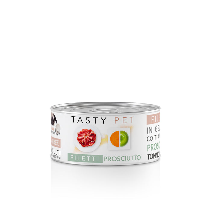 Tasty Pet Confezione di Alimento Completo Umido per Cani - 2204 Filetti in Gelatina Prosciutto Tonno e Mela