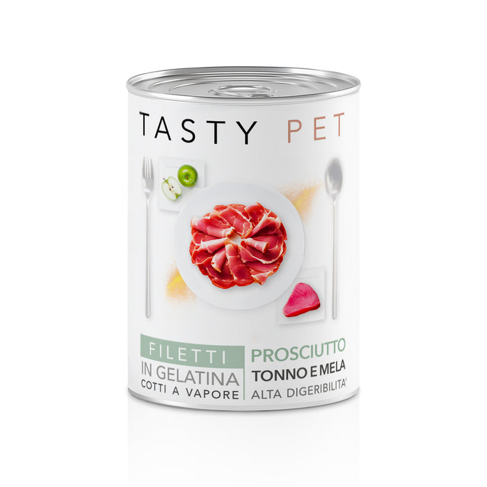 Tasty Pet Confezione di Alimento Completo Umido per Cani - 2204 Filetti in Gelatina Prosciutto Tonno e Mela