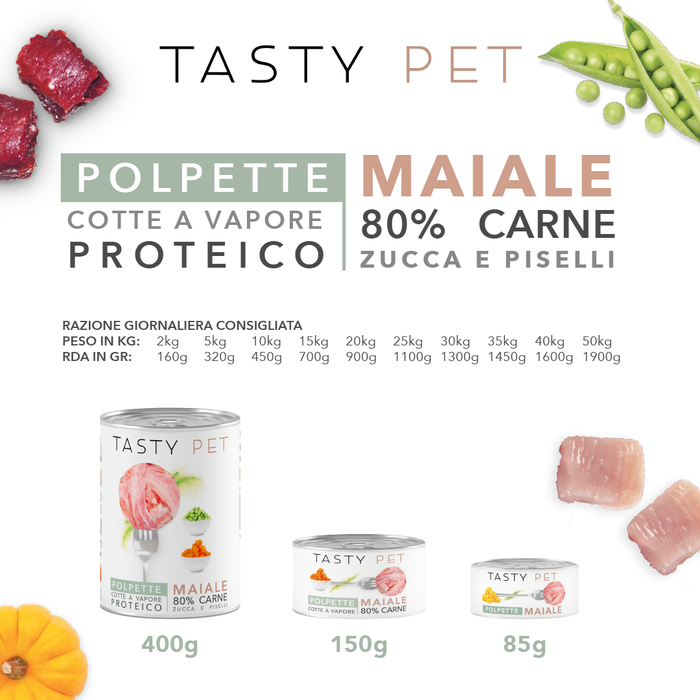 Tasty Pet Confezione di Alimento Completo Umido per Cani - 2601 POLPETTE AL SUGO MAIALE ZUCCA E PISELLI