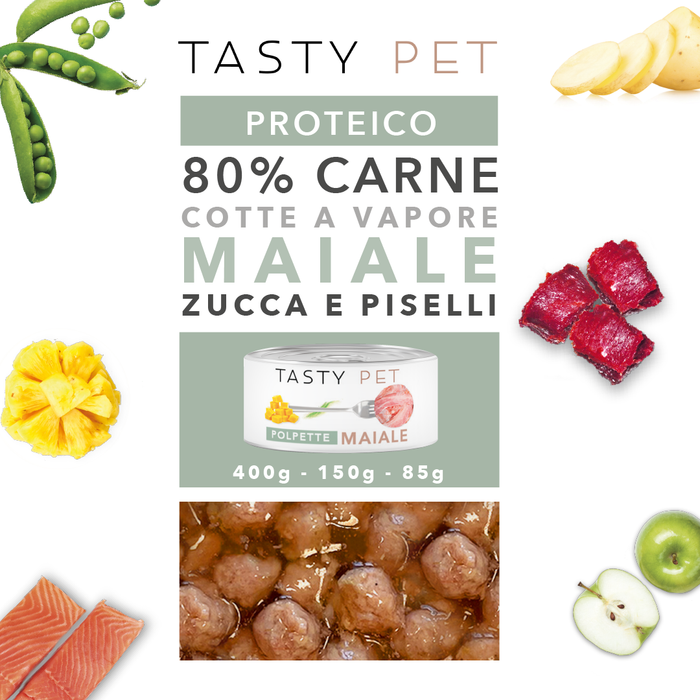 Tasty Pet Confezione di Alimento Completo Umido per Cani - 2601 POLPETTE AL SUGO MAIALE ZUCCA E PISELLI