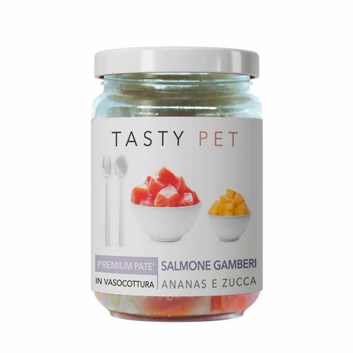 Tasty Pet Confezione di Alimento Completo Umido per Gatti - 4012 Pate' Premium Salmone Gamberi Zucca